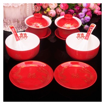 结婚对碗 婚庆喜碗餐具套装 红瓷龙凤对杯勺碟12件套