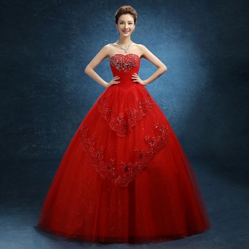 2017新款韩版抹胸镶钻蕾丝婚纱 红色大码显瘦婚纱F10