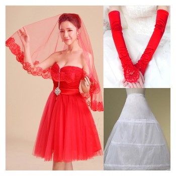 红色婚纱配饰 绣花手套 1.5米红色蕾丝花边头纱 高档红色加纱头纱