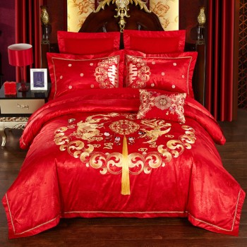 婚庆四件套大红刺绣床品全棉结婚纯棉床上用品