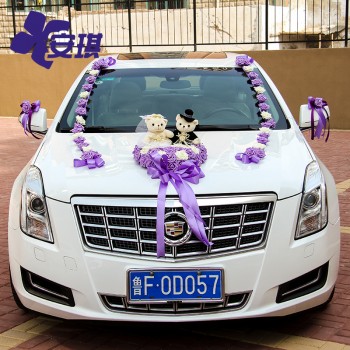 韩式可爱泰迪熊玩偶结婚车后视镜门把装饰紫色PE玫瑰