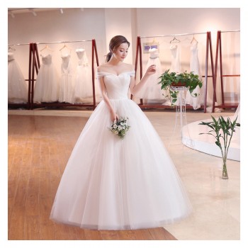 新款结婚韩版一字肩婚纱 白色简约大码挂脖婚纱礼服 新娘公主G15