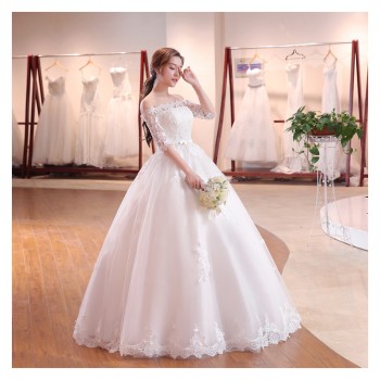 一字肩婚纱礼服2017新款结婚 韩版大码新娘中袖公主显瘦婚纱G18