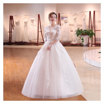 婚纱礼服夏季新款 一字肩齐地中袖立体花朵 韩式显瘦新娘婚纱G19