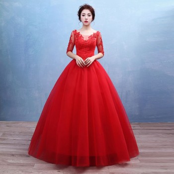 厂家直销2017新款新娘婚纱礼服 韩式 双肩一字肩红色婚纱批发T47